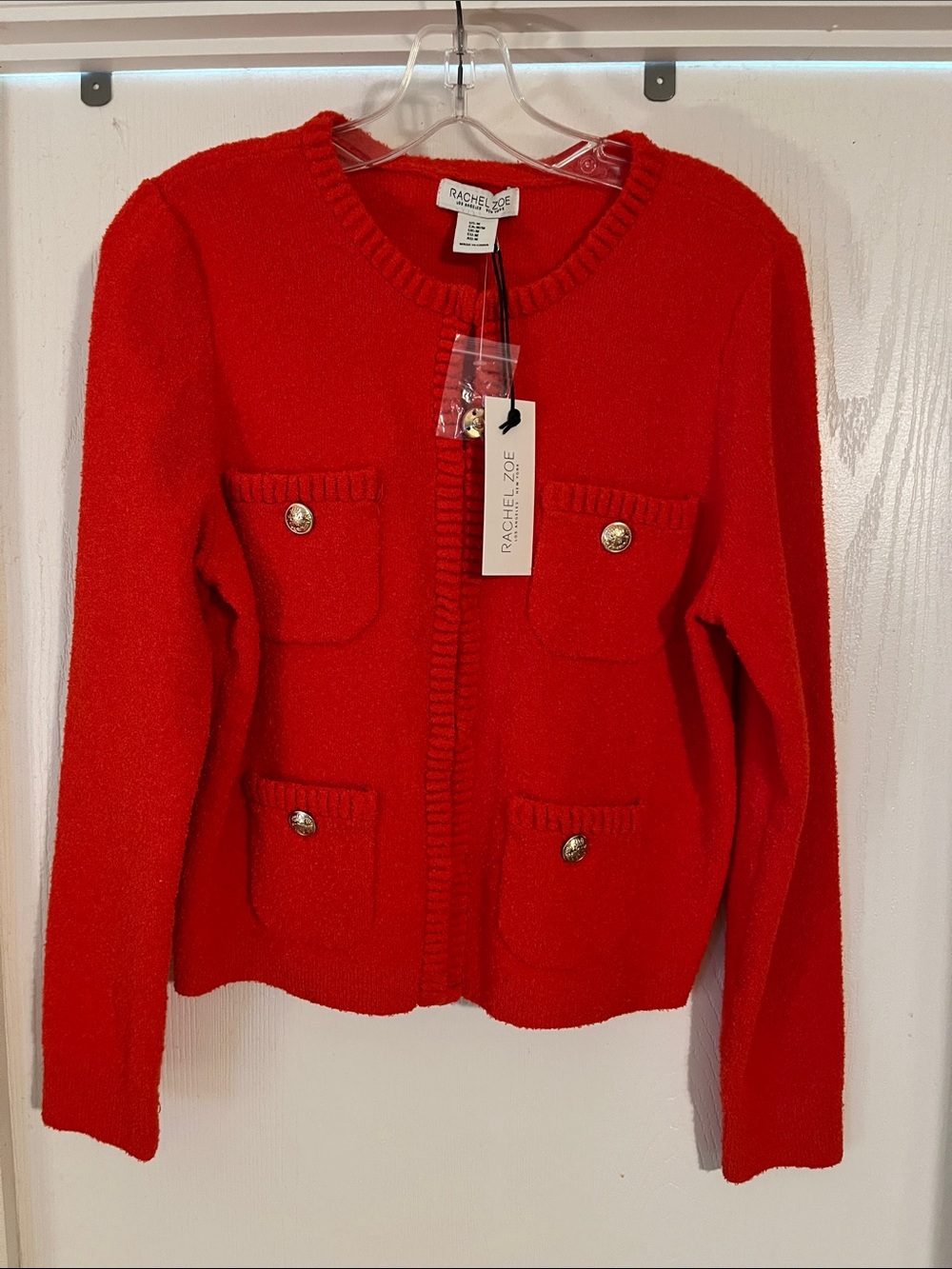NWT Rachel Zoe Vibrant Red Pocket Gold Button Cardigan Medium